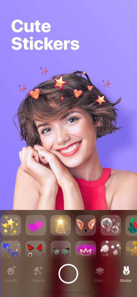 Facey: Face Editor &Makeup Cam - A smiling woman using Facey app to add cute heart and star stickers to her selfie