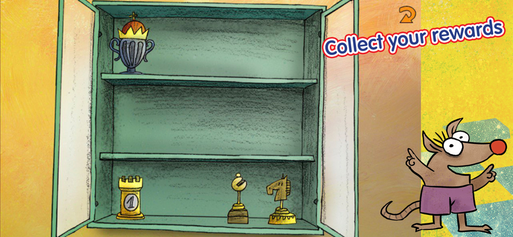 A reward cabinet with chess trophies in the Fritz and Chesster app