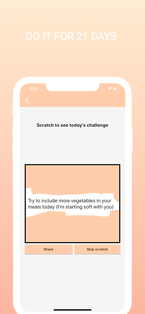 The 21 Days Challenge - Daily healthy eating challenge revealed by a digital scratch card in a habit tracking app.