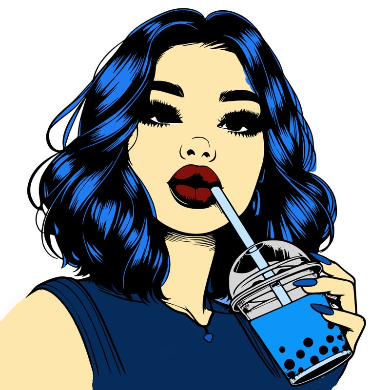 realistic girl with glossy lips holding boba