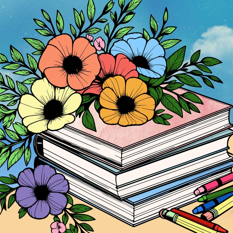 books and flowers realistic