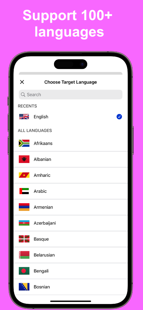 EZ Screen Translator app interface displaying a long list of over 100 supported target languages with flags