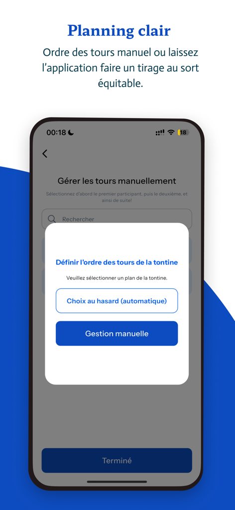 Maman Tontine - Maman Tontine app screen for choosing between manual or automatic turn order in a savings circle.