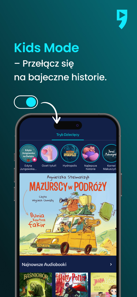 Empik Go app interface showing Kids Mode with Polish audiobooks and stories for children