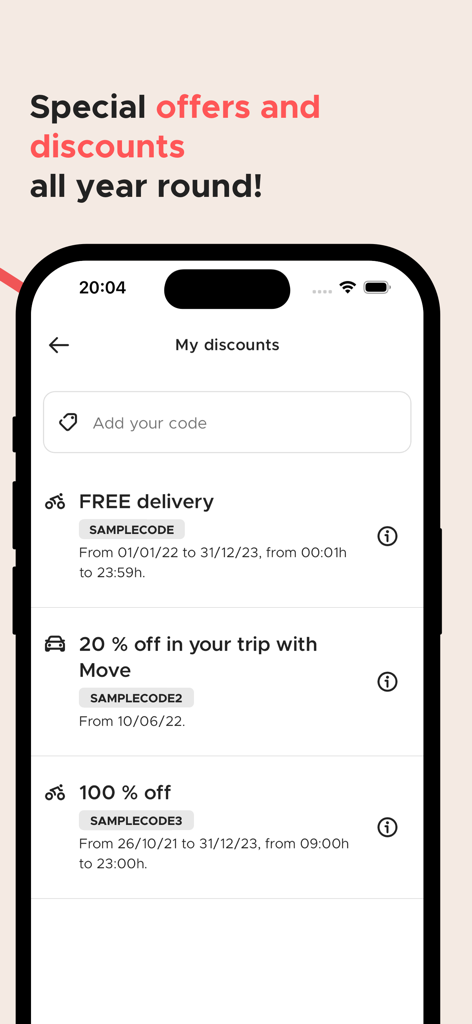 CityXerpa-App-Bildschirm mit Sonderangeboten und Aktionscodes für Liefer- und Transportdienste