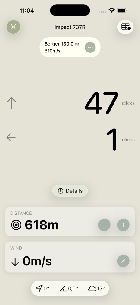 Impact! - Ballistic Calculator - Interfaz de calculadora balística que muestra ajustes de clics de mira para una distancia de 618 metros