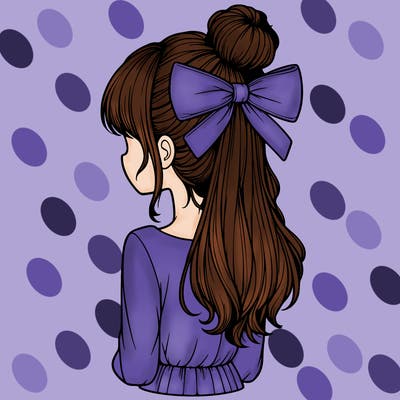 realistic girl  with hip length hair a bun and a big bow on the back of head