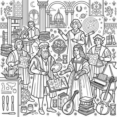 Step back in time to the European Renaissance with this beautifully intricate coloring page. Discover iconic artists, scientists, explorers, and nobility waiting for your creative touch.