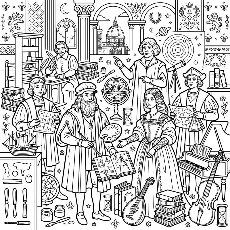 Step back in time to the European Renaissance with this beautifully intricate coloring page. Discover iconic artists, scientists, explorers, and nobility waiting for your creative touch.