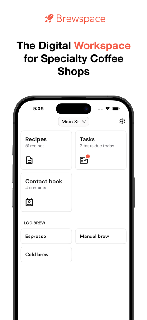 Brewspace: Café Manager - Main dashboard of the Brewspace app for managing specialty coffee shop recipes, tasks, and contacts.