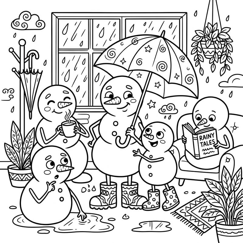 Escape the rain with these charming cartoon snowmen enjoying a cozy indoor day. This delightful coloring page features playful characters ready for your creative touch, perfect for brightening any dreary afternoon.
