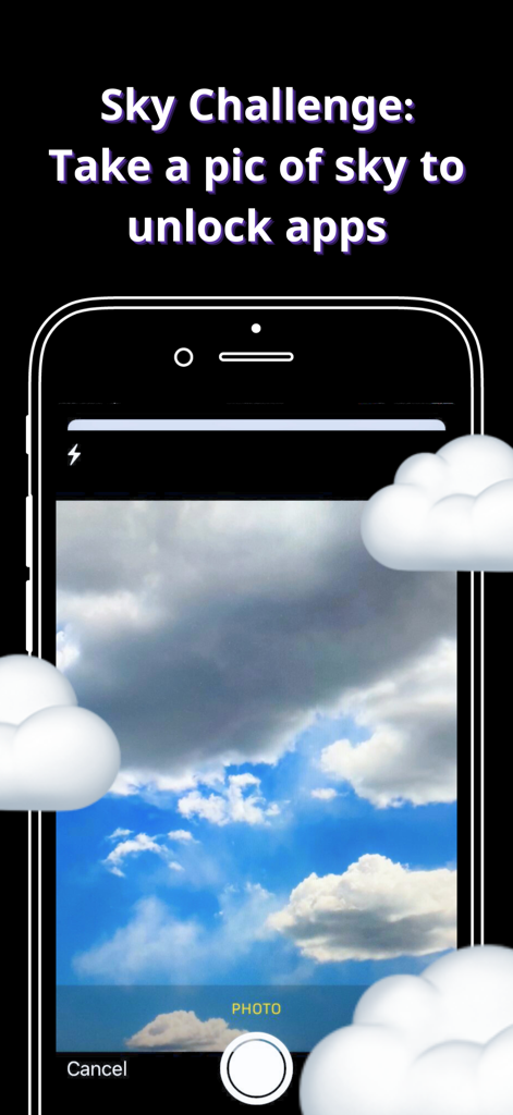 CloseReels: Reduce Scrolling - Captura de pantalla de la función Desafío del Cielo en CloseReels donde los usuarios deben tomar una foto del cielo para desbloquear sus apps.
