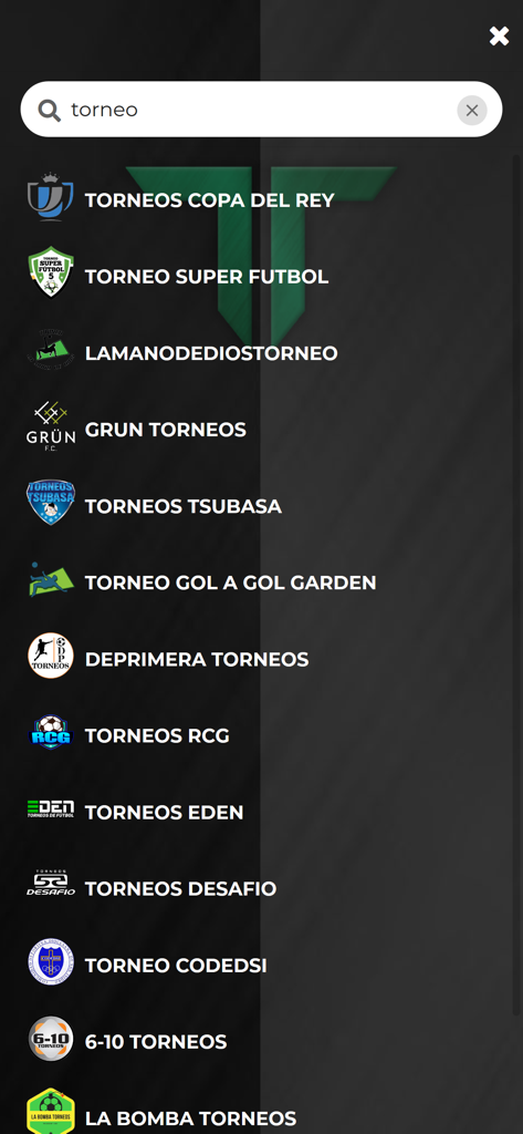 Search screen showing a list of various amateur soccer tournaments with their logos
