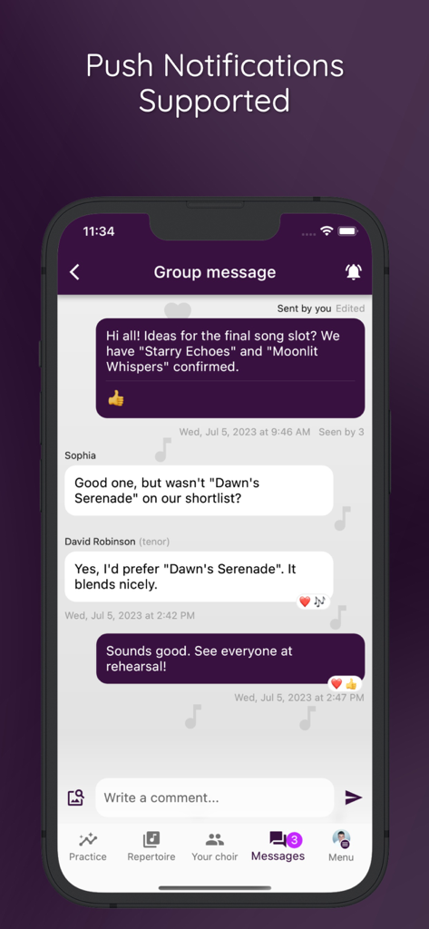 Group messaging interface in the ChoirMate app showing a conversation between choir members about rehearsal songs.