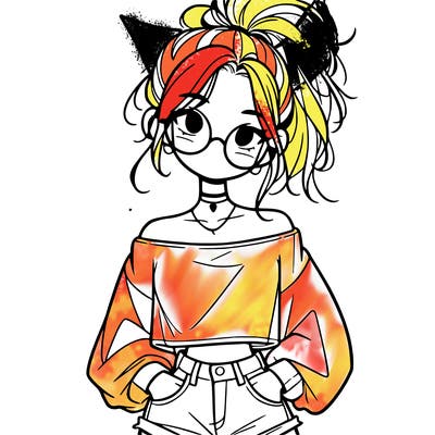 girl with a messy ponytail glasses a baggy crop top and jean shorts