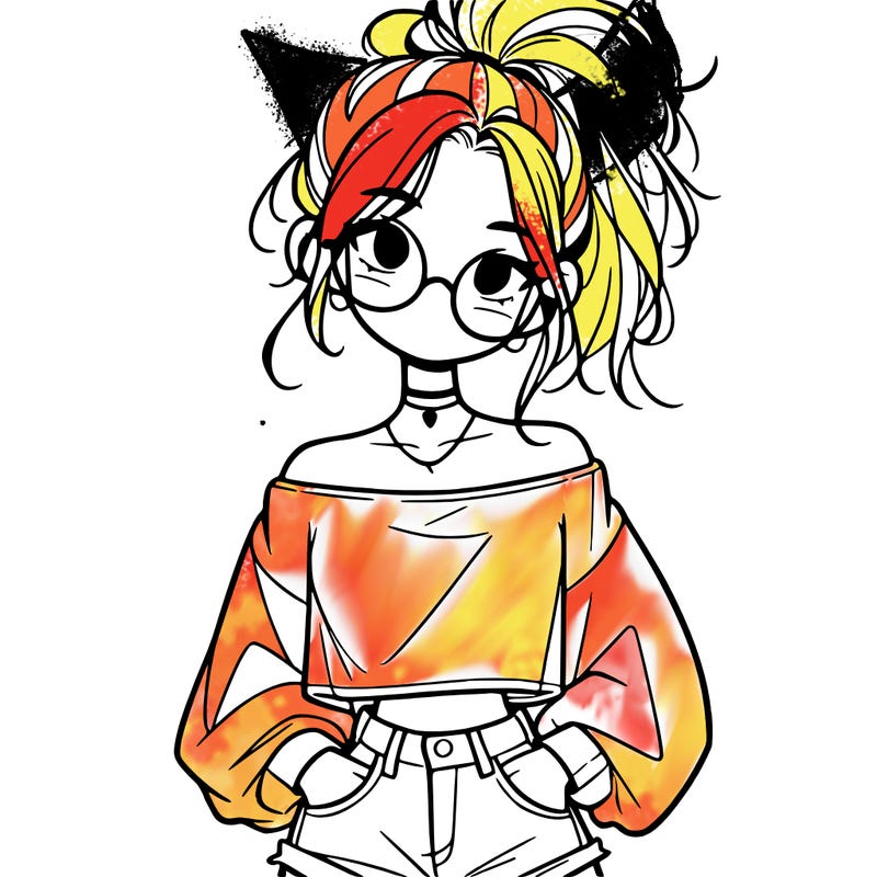 girl with a messy ponytail glasses a baggy crop top and jean shorts