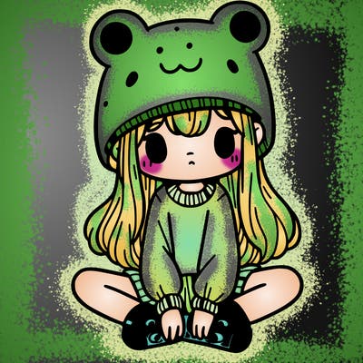 a girl wearing a frog hat and some frog socks