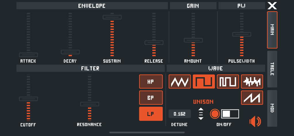 Main control interface of SquareSynth 2 showing chiptune envelope filter and waveform settings
