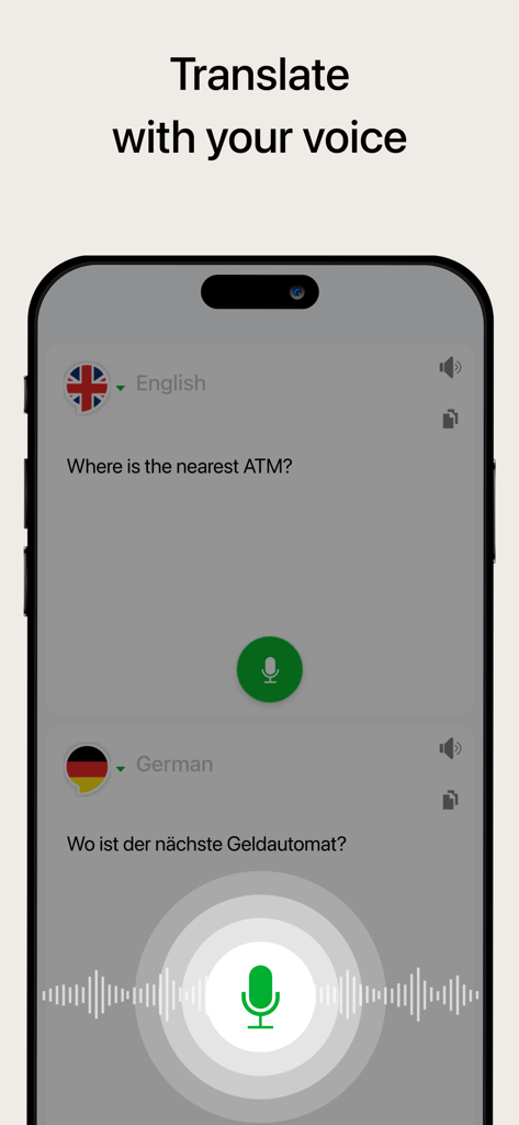 Smartphone screen showing the PONS app voice translation feature from English to German
