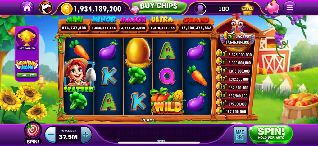 Roulette - Casino Style - Gameplay-Screenshot, der einen Spielautomaten mit Farm-Thema zeigt, mit Gemüsesymbolen und Jackpot-Leveln in der Roulette Casino Style App.