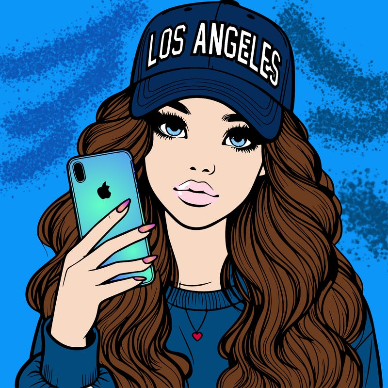 realistic beautiful girl wearing los ángeles cap holding an iphone