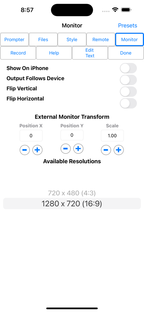 iCue - Pantalla de configuración del monitor del teleprompter iCue que muestra las opciones de transformación y resolución del monitor externo