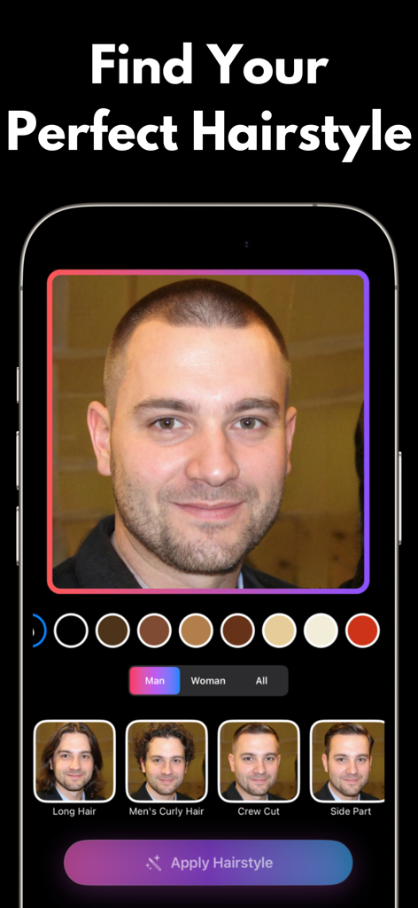 Hairstyle Try On - Haircut AI - Pantalla de smartphone mostrando la interfaz de la aplicación Prueba de Peinados con IA con un hombre eligiendo diferentes cortes de pelo
