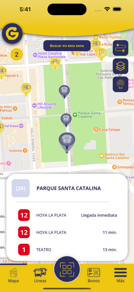 GuaguasLPA - Aplicación GuaguasLPA mostrando las llegadas de autobuses en tiempo real en un mapa de la ciudad