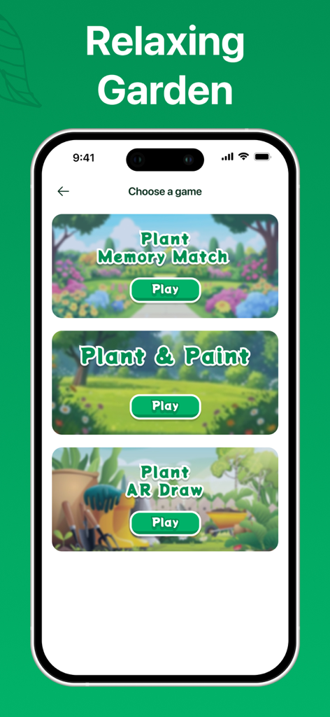 Plant ID - AI Identify Plants - Pantalla de la aplicación Plant ID con juegos de jardín relajantes como Memory Match y Plant and Paint