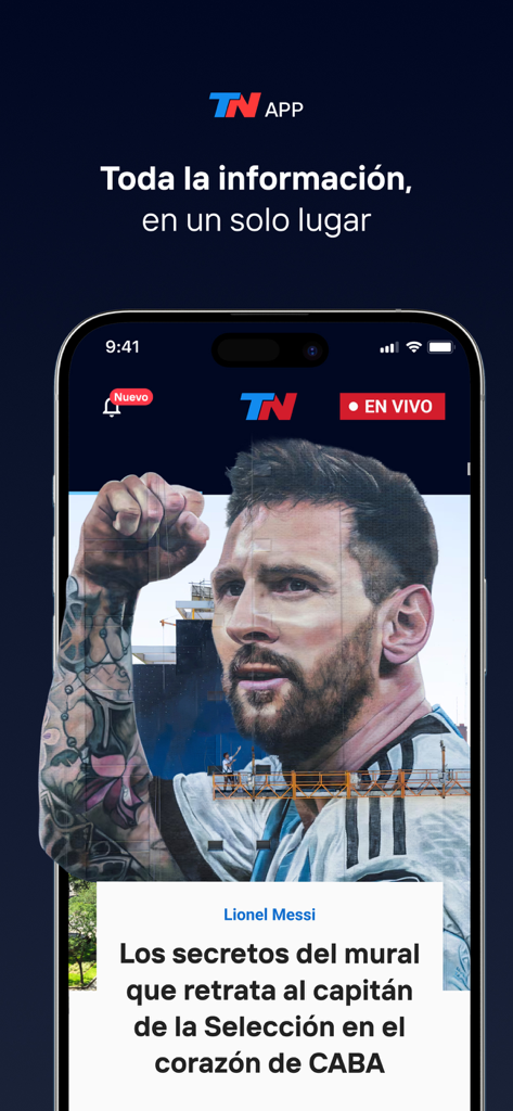 Interfaz de la app TN que muestra una noticia sobre un mural de Lionel Messi y un botón de transmisión de noticias en vivo