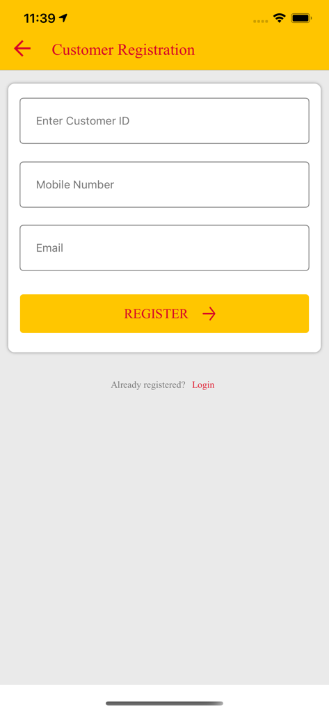 Customer registration screen for Manappuram OGL Lite app showing fields for Customer ID mobile number and email