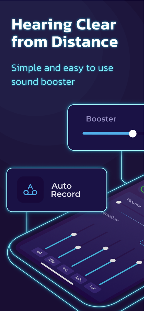 Hearing Amplifier: Clear Sound - User interface of the Hearing Clear from Distance app featuring a sound booster slider and frequency equalizer.