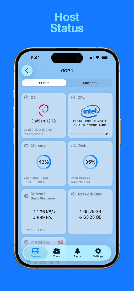 Echtzeit-Serverüberwachungs-Dashboard in Nezha Mobile, das die CPU- und Speicherauslastung anzeigt.