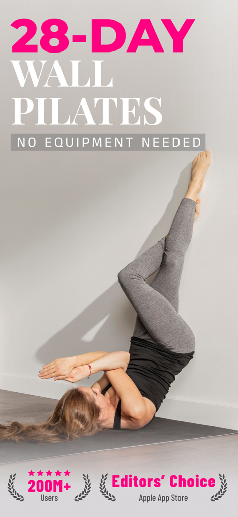 Wall Pilates Challenge:WallFit - Woman performing a wall pilates exercise as part of a 28 day home fitness challenge