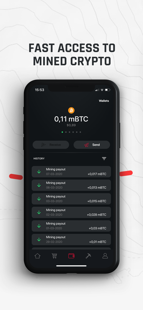 Interfaz de la aplicación móvil GamerHash que muestra el saldo de la billetera de Bitcoin y el historial de pagos de minería