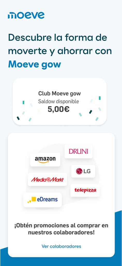 Moeve gowアプリに5ユーロの残高と、さまざまな提携ブランドのロゴが表示されている画面