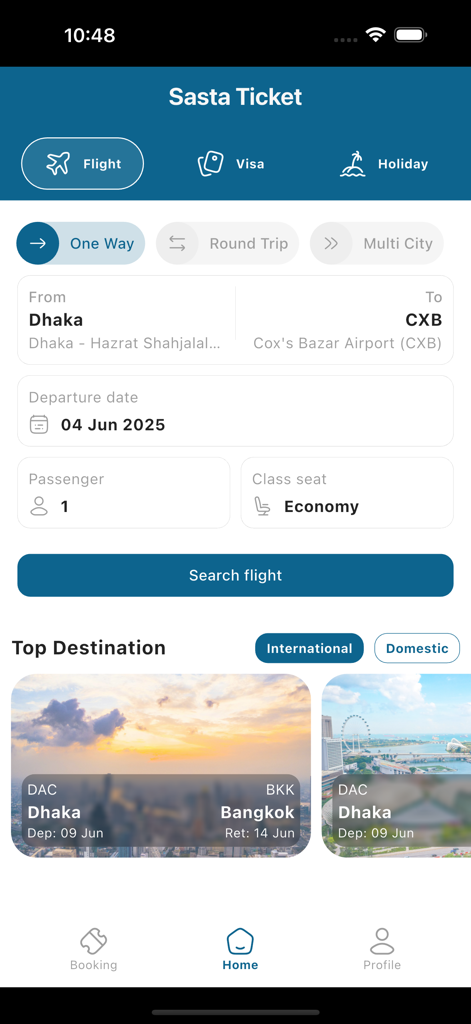 Sasta Ticket - Sasta Ticket mobile app home screen showing flight search options and top destinations