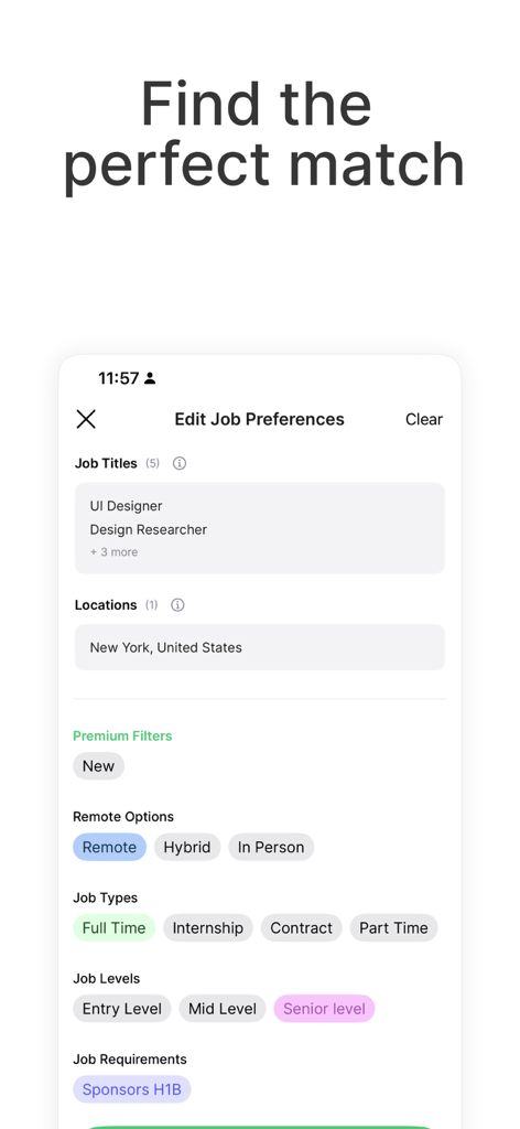 Sorce - AI Job Search - Interface móvel do aplicativo Sorce mostrando configurações de preferência de emprego para títulos, locais e filtros de trabalho remoto.