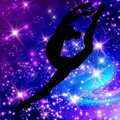 gymnast doing a leap in a leotard with a bent back leg