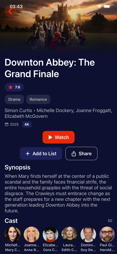 Movidex app movie detail page showing synopsis and cast for Downton Abbey