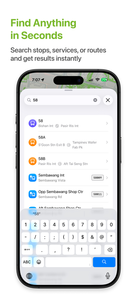 Bustro: Singapore Bus - Search screen of Bustro app displaying bus services and stop results for the number 58 on an iPhone