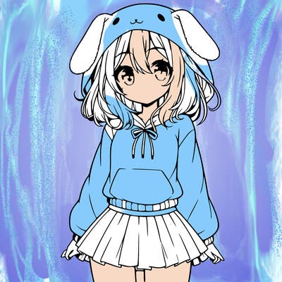 pretty anime girl wearing a fluffy hoodie with bunny ears on the hood and a skirt