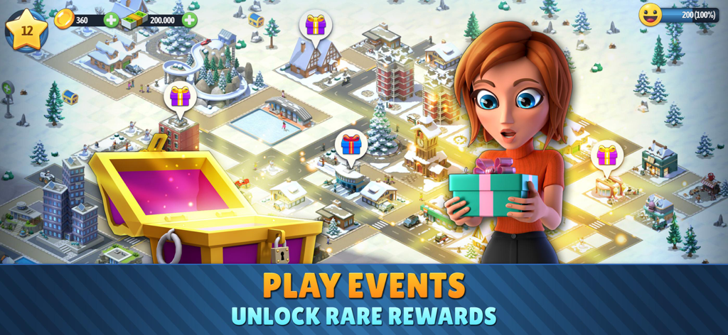 Un personaje sosteniendo una caja de regalo junto a un gran cofre del tesoro brillante en una ciudad con temática invernal.