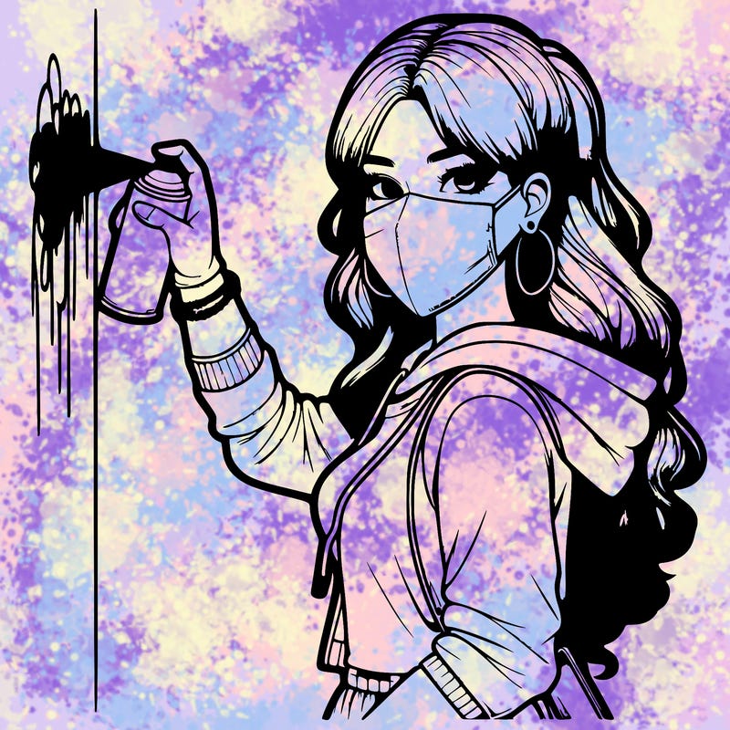 realistic girl with mask spray painting a wall