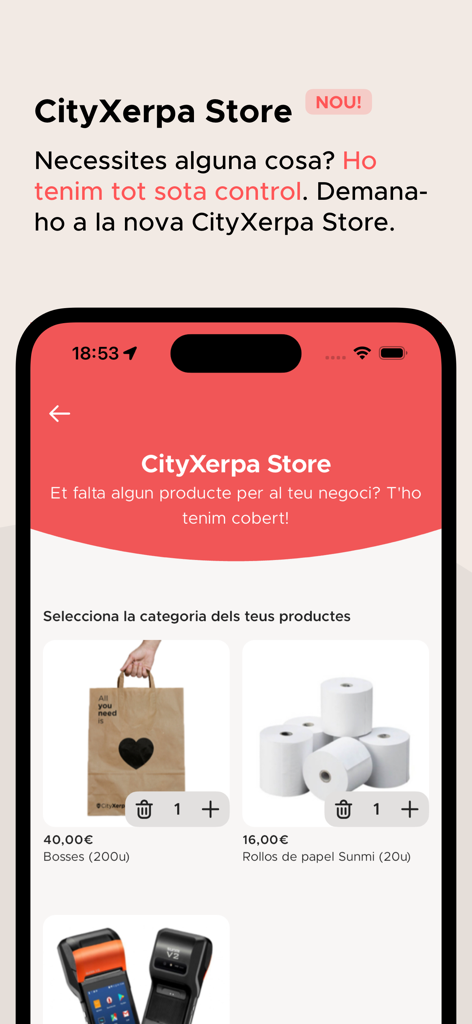 Interfaccia dell'app CityXerpa Partner che mostra un negozio per forniture aziendali come sacchetti di carta e rotoli di carta per POS.