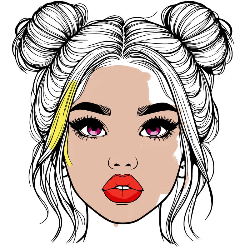 realistic girl with two buns on her hair and lips