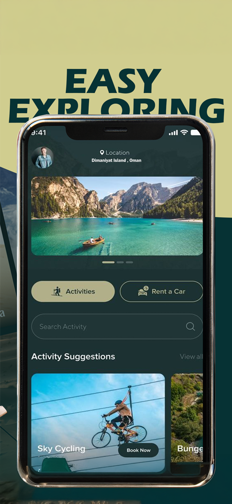 Safarjala - オマーンでの旅行アクティビティやレンタカーを表示するSafarjalaモバイルアプリインターフェース
