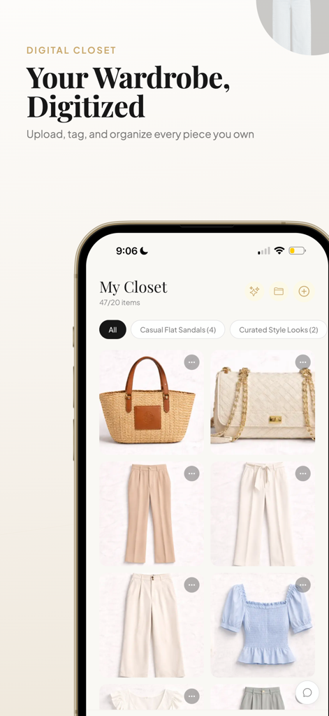 Mobile app interface of Style Mirror showing a digital closet with various clothing items organized for outfit planning