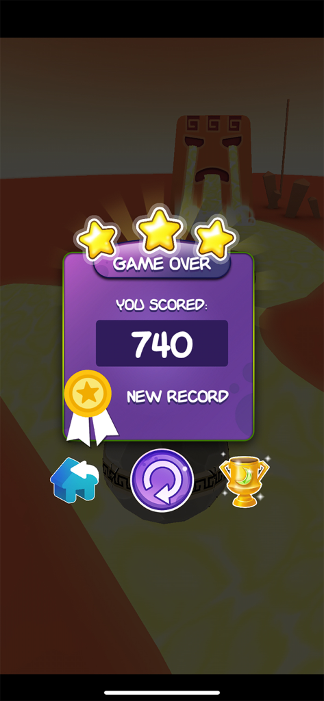 Game over screen in the PEZ Play app showing a score of 740 with a new record message and three stars