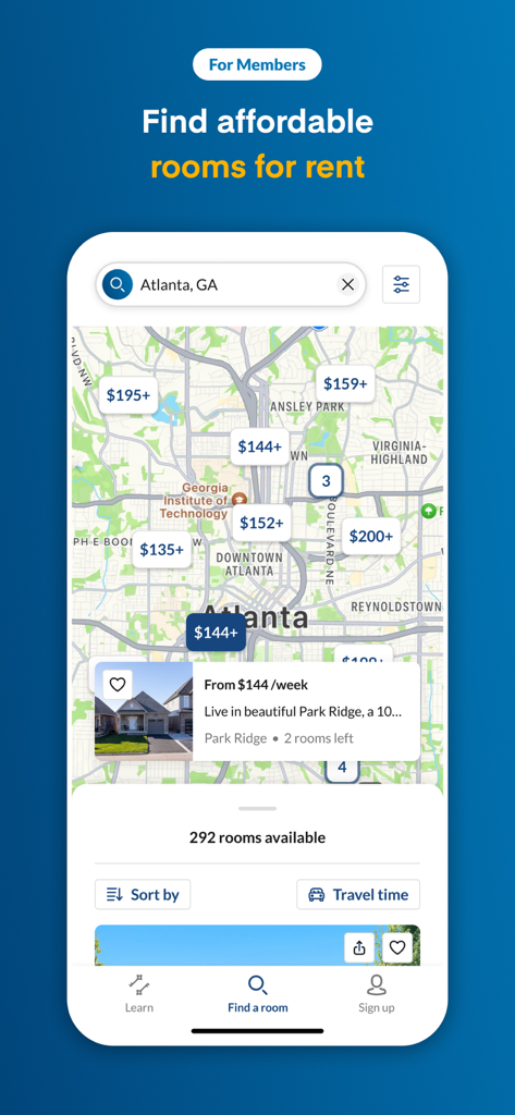 Screenshot der PadSplit-App, der eine Kartensuche nach günstigen Zimmern zur Miete in Atlanta mit wöchentlichen Preisen zeigt.